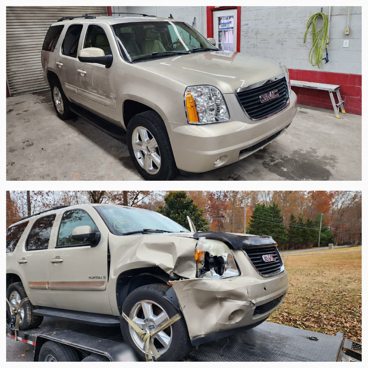 Before and after front-end collision repair on a champagne GMC Yukon