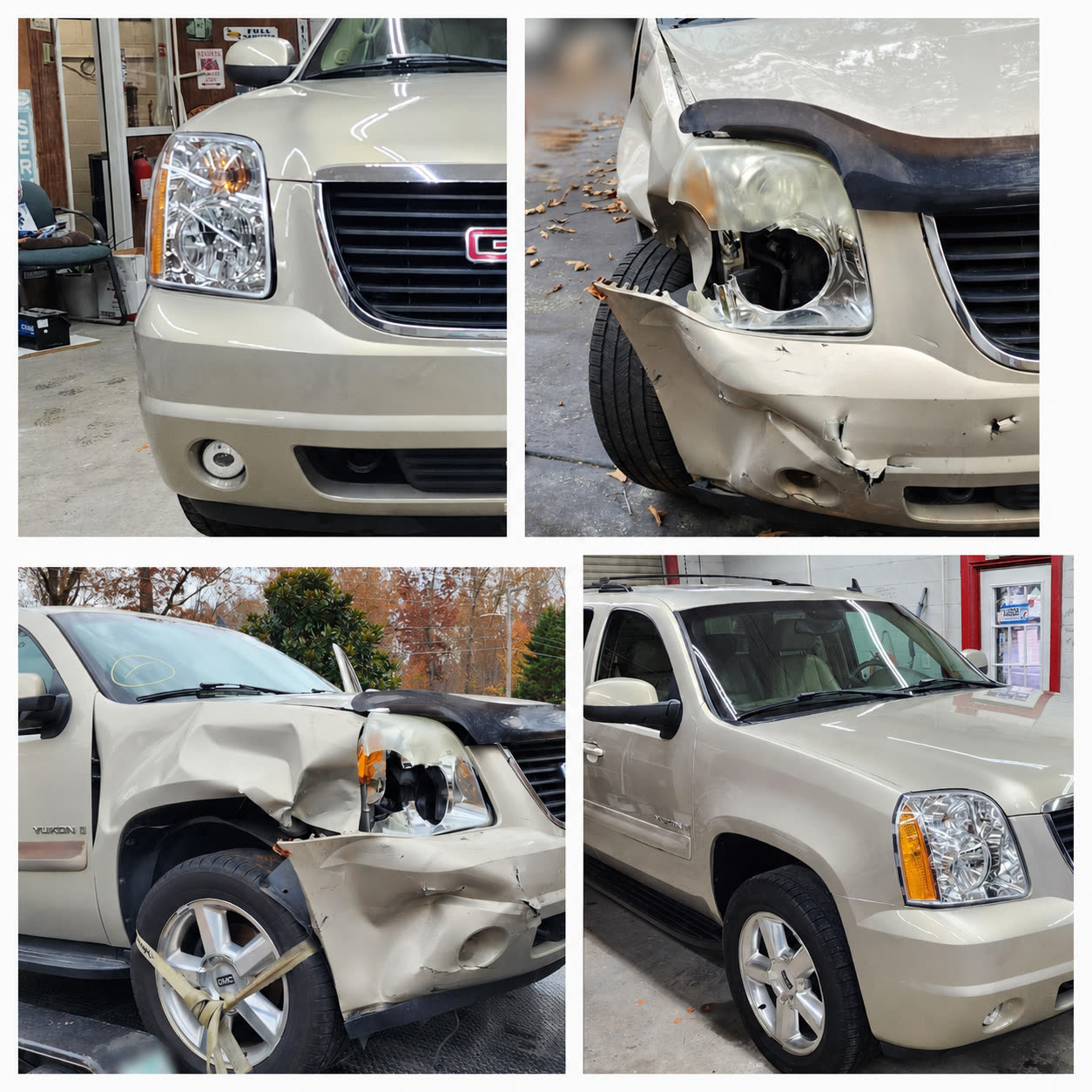 Detail photos of GMC Yukon bumper, fender, and headlight collision repair before and after